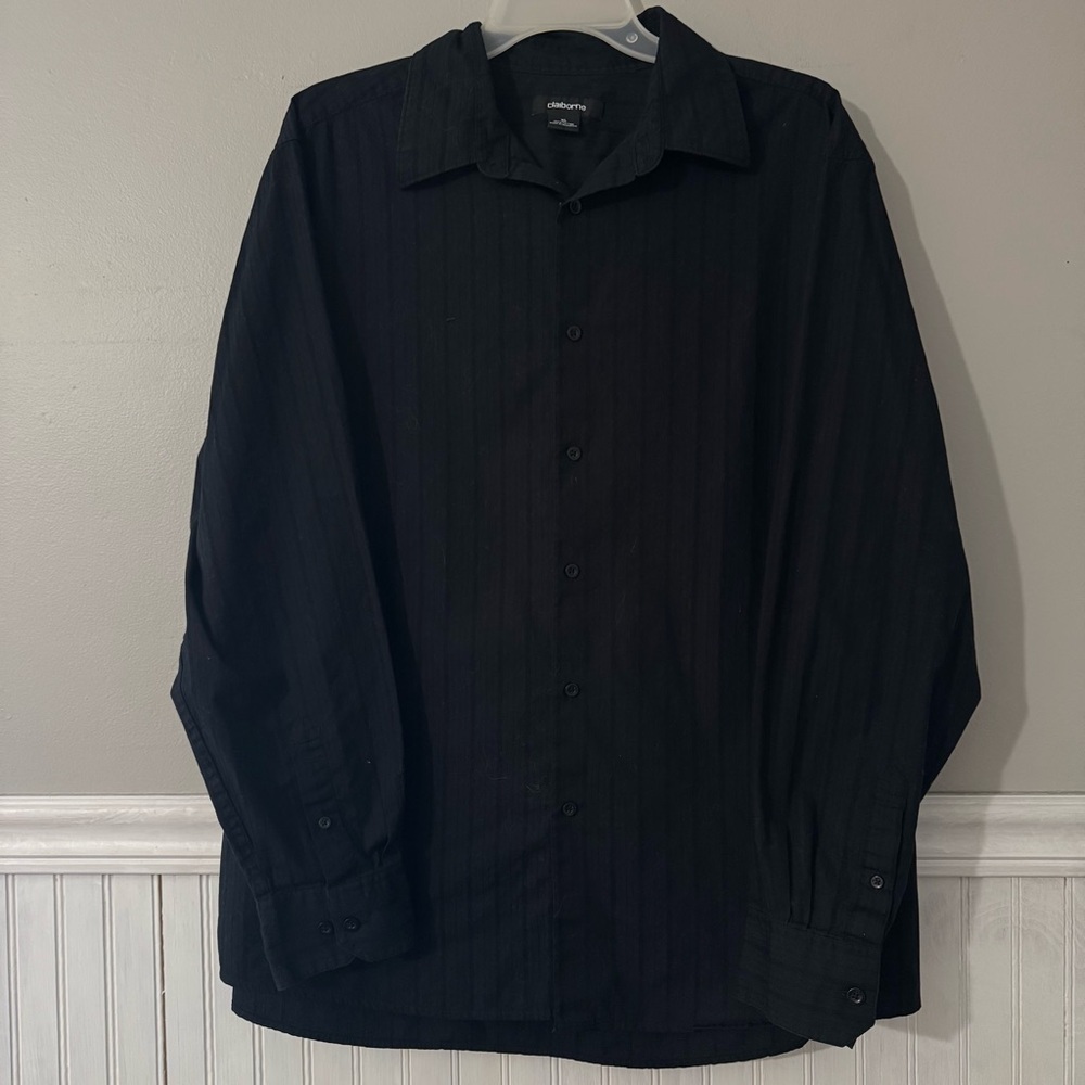 Claiborne | Men's Long Sleeve Button Up Shirt Black on Black Pinstripe XL